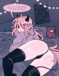  1girl among_us ass baggy_clothes black_panties blush english_text five_nights_at_freddy&#039;s freckles grey_hoodie highres hood hoodie june_(megrocks) long_hair megrocks misunderstanding no_nut_november no_pants on_bed open_mouth original panties pink_hair pointy_ears speech_bubble stuffed_animal stuffed_shark stuffed_toy tail thighhighs underwear 