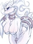  anthro bent_over big_breasts blue_eyes breasts chest_tuft claws cleavage clothed clothing eyewear female fluffy fluffy_tail front_view fur generation_5_pokemon glasses hair hi_res juppi legendary_pokemon long_hair mature_female mostly_nude nintendo nude partially_clothed pokemon pokemon_(species) reshiram round_glasses solo tail thick_thighs tuft white_body white_fur white_hair wide_hips 