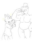  admiring anonymous_artist anthro bear bottomless canid canine clothed clothing duo eye_patch eyewear flexing fox fred_fazbear_(roommates) haddock_(roommates) hat headgear headwear hi_res looking_at_another male male/male mammal roommates:motha shirt shirt_only slightly_chubby sparkles strongfat top_hat topless topwear topwear_only 
