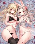  2girls animal_ears babydoll bare_shoulders black_bra black_panties black_thighhighs blonde_hair bra braid breasts caustics cleavage flower forehead front-tie_bra front-tie_top hair_flower hair_ornament halterneck holding large_breasts long_hair looking_at_viewer lying mole mole_under_eye multiple_girls navel on_back open_mouth original panties parted_bangs rabbit_ears red_eyes rose see-through shiro_albino skindentation small_breasts smile stomach strap_gap string_bra string_panties thighhighs thighs underwear very_long_hair water white_babydoll white_hair 