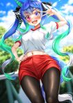  1girl absurdres animal_ears black_pantyhose black_ribbon blue_eyes blue_hair blue_sky blurry blurry_background cloud cloudy_sky commentary day depth_of_field gym_shirt gym_shorts gym_uniform hair_ribbon hand_on_own_hip heterochromia highres horse_ears horse_girl horse_tail long_hair looking_at_viewer manu_lee midriff multicolored_hair navel open_mouth outdoors pantyhose pantyhose_under_shorts purple_eyes railing red_shorts ribbon sharp_teeth shirt short_shorts shorts sidelocks sky smile solo standing t-shirt tail teeth twin_turbo_(umamusume) twintails two-tone_hair umamusume v_over_eye very_long_hair white_shirt 