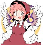  1girl blush fang grey_eyes ini_(inunabe00) mystia_lorelei open_mouth pink_hair short_hair skin_fang smile solo touhou 