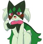  anthro black_pupils blush breasts female fur generation_9_pokemon green_arms green_body green_breasts green_fingers green_fur hi_res iris meowscarada nintendo open_mouth open_smile pokemon pokemon_(species) pupils simple_background smile solo sum tongue white_background 