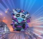  1boy black_pants blue_flower clenched_hand closed_eyes commentary emphasis_lines flower glowing glowing_eyes grin hair_flower hair_ornament hands_up la_ilusion_ziggs league_of_legends mask official_alternate_costume outstretched_arm pants petals phantom_ix_row pointy_ears skull_mask smile solo standing symbol-only_commentary teeth yordle ziggs 