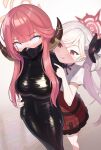  2girls aru_(blue_archive) blank_eyes blue_archive blunt_bangs blush bound demon_horns femdom gag gagged highres horns kidnapping looking_at_another multiple_girls mummy mutsuki_(blue_archive) pink_hair pointy_ears purple_eyes raftetram restrained tongue tongue_out variant_set white_hair yuri 