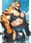  2023 anthro asian_clothing bulge clothing east_asian_clothing felid fundoshi hi_res japanese_clothing male mammal nipples outside pantherine partially_submerged solo standing stripes tiger underwear water zero_087 