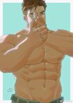  1boy abs bara body_writing brown_hair cowboy_shot denim hands_up highres jeans large_pectorals looking_at_viewer male_focus muscular muscular_male nipples one_eye_closed original pants pectorals rouyuan_shiqi_(ro_seventeen) short_hair sideburns solo stomach thick_eyebrows topless_male 
