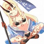  1girl banner bikini black_bikini blonde_hair blue_kimono breasts clothes_down facial_mark fate/grand_order fate_(series) forehead_mark horns ibaraki_douji_(fate) ibaraki_douji_(swimsuit_lancer)_(fate) ibaraki_douji_(swimsuit_lancer)_(first_ascension)_(fate) indian_style japanese_clothes kimono long_hair looking_at_viewer mukai oni oni_horns pointy_ears sandals simple_background sitting small_breasts smile solo swimsuit white_background yellow_eyes 