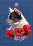  animal animal_focus artist_name blue_background cat commentary commission english_commentary flower gatoiberico highres no_humans original poppy_(flower) purple_flower red_flower simple_background 