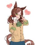  1girl animal_ears blush bow bowtie breasts brown_hair cardigan cellphone clover_hair_ornament fine_motion_(umamusume) green_bow green_bowtie green_eyes hair_bobbles hair_ornament hands_up heart highres holding holding_phone horse_ears horse_girl horse_tail long_sleeves looking_at_viewer low_twintails medium_hair open_mouth phone pleated_skirt sagoromo_04 scrunchie shirt skirt small_breasts smartphone smile solo tail twintails umamusume upper_body w white_background white_shirt wrist_scrunchie 