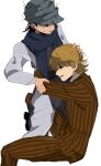  2boys between_legs black_hair blonde_hair feet_out_of_frame forced formal from_side ging_freecss hand_on_another&#039;s_head highres hug hunter_x_hunter internetnanmin long_sleeves male_focus multiple_boys pariston_hill profile scarf shirt short_hair sitting smile sparse_stubble suit white_background 