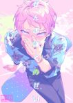  1boy bandaid black_pants black_shirt blue_shirt blush circus66 covering_mouth ensemble_stars! floral_print floral_print_shirt itsuki_shu looking_at_viewer male_focus multicolored_background multicolored_shirt pants pink_background pink_hair purple_eyes shirt short_bangs short_hair solo translation_request white_background yellow_background 