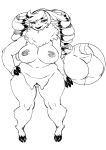  3_fingers 4_breasts anthro areola barely_visible_genitalia belly big_breasts big_butt biped bovid breasts breasts_and_teats butt butt_shot caprine cloven_hooves curled_hair cutaway digital_drawing_(artwork) digital_media_(artwork) domestic_sheep eyelashes female fingers fur genitals grin hair hand_on_hip hi_res hooves horizontal_pupils jijis-waifus lips lipstick long_hair looking_at_viewer makeup mammal merry_(inline) model_sheet monochrome multi_breast navel neck_tuft nipples nude pupils pussy sheep short_tail simple_background slightly_chubby smile solo standing tail teats thick_bottom_lip thick_thighs tuft white_background white_belly white_body 