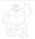  2023 anthro belly big_belly bottomwear clothing eyes_closed footwear hi_res kemono male mammal overweight overweight_male sandals shirt shorts simple_background sketch solo suid suina suishou0602 sus_(pig) topwear white_background wild_boar 