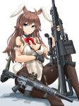  1girl absurdres animal_ears anti-materiel_rifle armband assault_rifle barrett_m82 between_breasts black_gloves black_pantyhose blue_eyes bow bowtie breasts brown_hair closed_mouth collar covered_navel detached_collar fake_animal_ears fake_tail fingerless_gloves frilled_armband frills gloves gun highres holding holding_gun holding_weapon knee_up large_breasts leotard long_hair looking_at_viewer mikeran_(mikelan) original pantyhose playboy_bunny rabbit_ears rabbit_tail red_bow red_bowtie rifle scope shadow side-tie_leotard sitting smile sniper_rifle solo strapless strapless_leotard tail weapon white_collar white_leotard wing_collar 