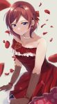  1girl absurdres artar_12 bead_necklace beads closed_mouth commentary_request dress earrings elbow_gloves falling_petals floral_print gloves highres jewelry love_live! love_live!_school_idol_project necklace nishikino_maki official_alternate_costume petals purple_eyes red_dress red_hair short_hair sleeveless solo 