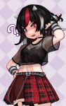  1girl ? alternate_costume armpits black_bra black_hair black_skirt bra fishnet_top fishnets hand_on_own_hip highres horns kijin_seija navel oni_horns plaid plaid_skirt punk red_eyes red_skirt rhombus_background skirt solo spoken_question_mark stomach touhou two-tone_skirt underwear zakozako_y 