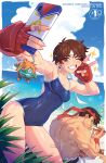  1boy 1girl bandaid bandaid_on_leg beach blanka-chan blue_one-piece_swimsuit breasts brown_hair cellphone character_charm charm_(object) chopsticks cleavage commentary cover cover_page eating english_commentary headband highres kajin_(kajinman) kasugano_sakura muscular muscular_male ocean official_art one-piece_swimsuit phone red_headband ryu_(street_fighter) second-party_source selfie short_hair smartphone smile street_fighter swimsuit textless_version toned topless_male udon_entertainment v variant_set very_short_hair wet white_headband 