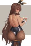  1girl animal_ears ass back backless_leotard bare_arms bare_shoulders black_leotard blush breasts brown_hair closed_mouth dark-skinned_female dark_skin detached_collar drink fake_animal_ears fake_tail feet_out_of_frame fishnet_pantyhose fishnets from_behind goddess_of_victory:_nikke highres holding holding_drink large_breasts leotard long_hair looking_at_viewer looking_back noir_(nikke) pantyhose playboy_bunny rabbit_ears rabbit_tail sideboob simple_background sitting smile solo tail wei_xiao yellow_eyes 