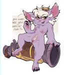  anthro breasts claws digital_media_(artwork) female fur genitals hair hexkates hi_res league_of_legends nipples nude pussy riot_games short_stack simple_background smile solo text tristana_(lol) white_hair yordle 