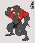  2022 abs absurd_res anthro areola biceps biped bulge clothing digital_media_(artwork) epic_games fortnite grey_background grey_body hi_res jacket jewelry komodo_dragon lizard male memphis_tigre monitor_lizard muscular muscular_anthro muscular_male muscular_thighs navel necklace nipples non-mammal_nipples pantsless pantsless_anthro pantsless_male pecs plantigrade quads reptile ring_(jewelry) scalie simple_background solo standing tail teeth thick_thighs thong thunder_(fortnite) topwear underwear 