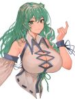  1girl adapted_costume asymmetrical_clothes asymmetrical_sleeves bare_shoulders blush breasts cleavage closed_mouth commentary cropped_torso detached_sleeves english_commentary frog_hair_ornament green_eyes green_hair hair_between_eyes hair_ornament highres huge_breasts japanese_clothes kochiya_sanae large_breasts long_hair looking_at_viewer mole mole_on_breast nontraditional_miko simple_background smile snake_hair_ornament solo tomatolover16 touhou upper_body white_background white_sleeves 