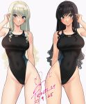  2girls amagami artist_name black_eyes black_hairband blonde_hair blue_eyes blush breasts collarbone competition_swimsuit cousins covered_navel curly_hair hairband highleg highleg_swimsuit highres large_breasts long_hair looking_at_viewer morishima_haruka morishima_jessica multiple_girls one-piece_swimsuit signature simple_background standing swimsuit symmetry white_hairband yoo_tenchi 