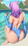  1girl araneesama ass bare_shoulders barefoot blue_one-piece_swimsuit claw_(weapon) cone_hair_bun detached_sleeves evelynn_(league_of_legends) hair_bun highres huge_ass k/da_(league_of_legends) league_of_legends long_hair one-piece_swimsuit purple_hair solo swimsuit thighs water weapon wide_hips 