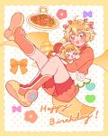  &gt;_&lt; 1boy 1girl :d absurdres animal_ears apron blonde_hair boots border bow bun_cover chibi commentary_request cure_yum-yum delicious_party_precure dragon english_text flower food hair_bun hanamichi_ran happy_birthday heart highres holding_chibi horns kamaboko kiocotton looking_at_viewer magical_girl male_focus mem-mem_(precure) mem-mem_(precure)_(human) open_mouth orange_eyes orange_footwear plaid polka_dot polka_dot_background precure short_hair shorts shorts_under_shorts smile tail yellow_border 