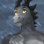  1:1 anthro clothed clothing cloud dav0 dragon eyebrows grey_body hi_res horn male pecs raining scalie signature smile solly solo tietones topless yellow_eyes 