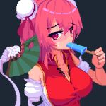  1girl amputee bandaged_arm bandages black_background breasts brodall_pixel bun_cover cleavage double_bun folding_fan food_in_mouth hair_bun hand_fan holding holding_fan ibaraki_kasen pink_eyes pink_hair pixel_art popsicle_in_mouth short_hair simple_background solo sweatdrop touhou 