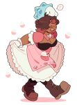  ! 1girl absurdres apron blush boots breasts brown_footwear brown_hair cleavage closed_eyes commentary commission dark-skinned_female dark_skin dress egg english_commentary frilled_dress frills full_body gloves highres large_breasts long_hair magicact mole mole_on_breast on_head open_mouth original pink_apron pink_dress pokemon pokemon_(creature) pokemon_on_head short_sleeves simple_background skirt_hold smile snom spoken_exclamation_mark standing white_background white_gloves 