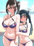  2girls adapted_costume asymmetrical_hair beach bikini black_hair blue_sky blurry blurry_background breasts commentary commission day furaggu_(frag_0416) grey_eyes hair_over_one_eye hair_ribbon hayashimo_(kancolle) highres holding_hands kantai_collection large_breasts long_hair looking_at_viewer medium_breasts multiple_girls nachi_(kancolle) navel one_side_up outdoors pixiv_commission purple_bikini ribbon side_ponytail sky standing swimsuit very_long_hair white_ribbon 