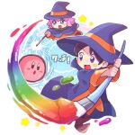  2girls adeleine alternate_costume black_hair blue_eyes blush_stickers boots cape chiimako commentary_request dress fairy fairy_wings hat holding holding_paintbrush holding_wand kirby kirby_(series) kirby_64 kirby_canvas_curse multiple_girls orange_dress paint paintbrush ribbon_(kirby) smile star_(symbol) wand wings witch_hat 