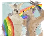  5_fingers 5_toes anthro anthro_on_anthro beastars blush blush_lines brown_body brown_fur canid canine canis claws clothed clothing coyote duo durham_(beastars) feet finger_claws fingers fur hyena interspecies intimate lgbt_pride male male/male mammal nude pride_colors rainbow_flag rainbow_pride_flag rainbow_symbol rin_i9 romantic romantic_ambiance spots spotted_hyena toes topless topless_anthro topless_male 