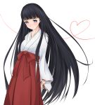 1girl black_hair blunt_bangs blush breasts commentary_request feet_out_of_frame hakama hakama_skirt heart hime_cut himegami_aisa japanese_clothes kimono long_hair long_sleeves medium_breasts miko partial_commentary purple_eyes red_hakama shin_(highest1192) sidelocks simple_background skirt solo toaru_majutsu_no_index toaru_majutsu_no_index:_old_testament very_long_hair white_background white_kimono wide_sleeves 