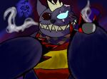  anthro cheshire_(bayonetta) domestic_cat felid feline felis hi_res looking_at_viewer lucythesheep male mammal nails plushie scar scarf sharp_nails smile smoke_from_mouth smoking smoking_pipe solo spiked_tail spikes spikes_(anatomy) tail 