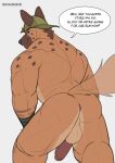  anthro anus back_muscles black_nose brown_body brown_fur butt clothing fur genitals hat headgear headwear hi_res hyena looking_at_viewer male mammal muscular penis rear_view shugggie shuggie_the_hyena simple_background smile solo speech_bubble spots tail 
