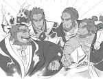  5boys ^_^ armlet beard cape champagne_bottle cheering closed_eyes dazya_(captaindazya) facial_hair fist_bump forehead_jewel ganondorf greyscale grin happy jewelry monochrome multiple_boys multiple_persona multiple_rings muscular muscular_male phantom_ganon rehydrated_ganondorf ring single_bare_shoulder smile the_legend_of_zelda the_legend_of_zelda:_ocarina_of_time the_legend_of_zelda:_tears_of_the_kingdom the_legend_of_zelda:_the_wind_waker the_legend_of_zelda:_twilight_princess 