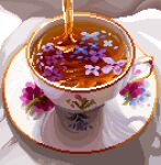  afloat blue_flower commentary cup english_commentary flower from_above jubilee_(8pxl) light no_humans original petals photo-referenced pink_flower pixel_art pouring purple_flower saucer shadow still_life tea teacup 
