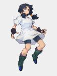  1girl bike_shorts black_gloves black_hair blue_eyes dragon_ball dragon_ball_z fingerless_gloves full_body gloves green_footwear kemachiku long_shirt looking_at_viewer shirt short_sleeves simple_background solo twintails videl white_background white_shirt 