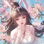  1girl animal_ears arm_up blue_background brown_hair douluo_dalu flower hair_ornament hand_to_own_mouth highres index_finger_raised long_hair looking_at_viewer parted_lips pink_eyes pink_flower pink_nails rabbit_ears second-party_source solo teeth upper_body xiao_wu_(douluo_dalu) yi_zi_zi 