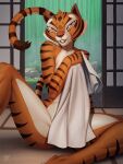  2023 3:4 anthro artist_name detailed_background digital_media_(artwork) dreamworks felid female fingers grin hacatiko hi_res inside kung_fu_panda looking_at_viewer mammal master_tigress nude pantherine smile solo spread_legs spreading stripes tiger tower 