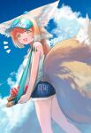  1girl :d animal_ear_fluff animal_ears arknights artist_name bare_arms bare_legs blonde_hair blue_shorts blue_sky chocolatice cloud commentary_request food fox_ears fox_girl fox_tail fruit fur-trimmed_shorts fur_trim green_eyes highres holding holding_tray kitsune kyuubi long_hair looking_at_viewer multicolored_hair multiple_tails notice_lines open_mouth oripathy_lesion_(arknights) short_shorts shorts sky smile solo suzuran_(arknights) tail tank_top tray two-tone_hair visor_cap watermelon white_hair white_tank_top 