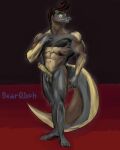  absurd_res anthro bale_&quot;tips&quot;_coltik bearglyph big_tail brown_eyes claws crosslink erection genitals grey_body hi_res komodo_dragon lizard male monitor_lizard muscular muscular_thighs penis pompadour pose reptile scalie solo tail toe_claws 