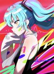  1girl abstract_background absurdres aqua_hair bandaid bandaid_on_cheek bandaid_on_face black_shirt closed_mouth commentary from_side hand_up hatsune_miku highres long_hair mokoo43451177 profile red_hair shirt sleeveless sleeveless_shirt solo sweat towel towel_around_neck vocaloid yellow_eyes 