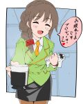  1girl black_skirt blush braid brown_hair cup dr._gero_(staedtler_0508) formal green_jacket grid_background hair_ornament hair_over_shoulder hair_scrunchie highres holding holding_cup holding_paper idolmaster idolmaster_cinderella_girls idolmaster_cinderella_girls_starlight_stage indoors jacket long_hair long_sleeves looking_at_viewer necktie office open_mouth orange_necktie paper paperclip pencil_skirt reaching_towards_viewer red_scrunchie scrunchie senkawa_chihiro shirt single_braid skirt smile solo watch white_shirt wristwatch 