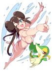  1girl ;d alternate_costume aqua_eyes arms_up barefoot bikini blush breasts bright_pupils brown_hair commentary_request double_bun double_v doughnut_hair_bun hair_bun highres leg_up looking_at_viewer one_eye_closed open_mouth pink_bikini pokemon pokemon_(creature) pokemon_(game) pokemon_bw2 rosa_(pokemon) smile snivy swimsuit teeth toes tongue tottotonero twintails upper_teeth_only v water white_background white_pupils 