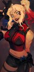  1girl alternate_costume bare_shoulders black_gloves black_shorts blonde_hair blue_eyes breasts dc_comics facial_mark fingerless_gloves gloves gun harley_quinn heart highres holding holding_gun holding_weapon large_breasts lipstick looking_at_viewer makeup morry multicolored_hair navel open_mouth parted_bangs ponytail red_hair red_lips red_nails shorts sidelocks simple_background smile solo stomach streaked_hair teeth thighs two-tone_hair upper_teeth_only weapon 