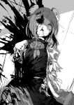  1girl bandaged_arm bandages blood blood_splatter corpse greyscale guro ibaraki_kasen missing_eye monochrome open_mouth short_sleeves skirt solo tabard tierra_misu touhou 